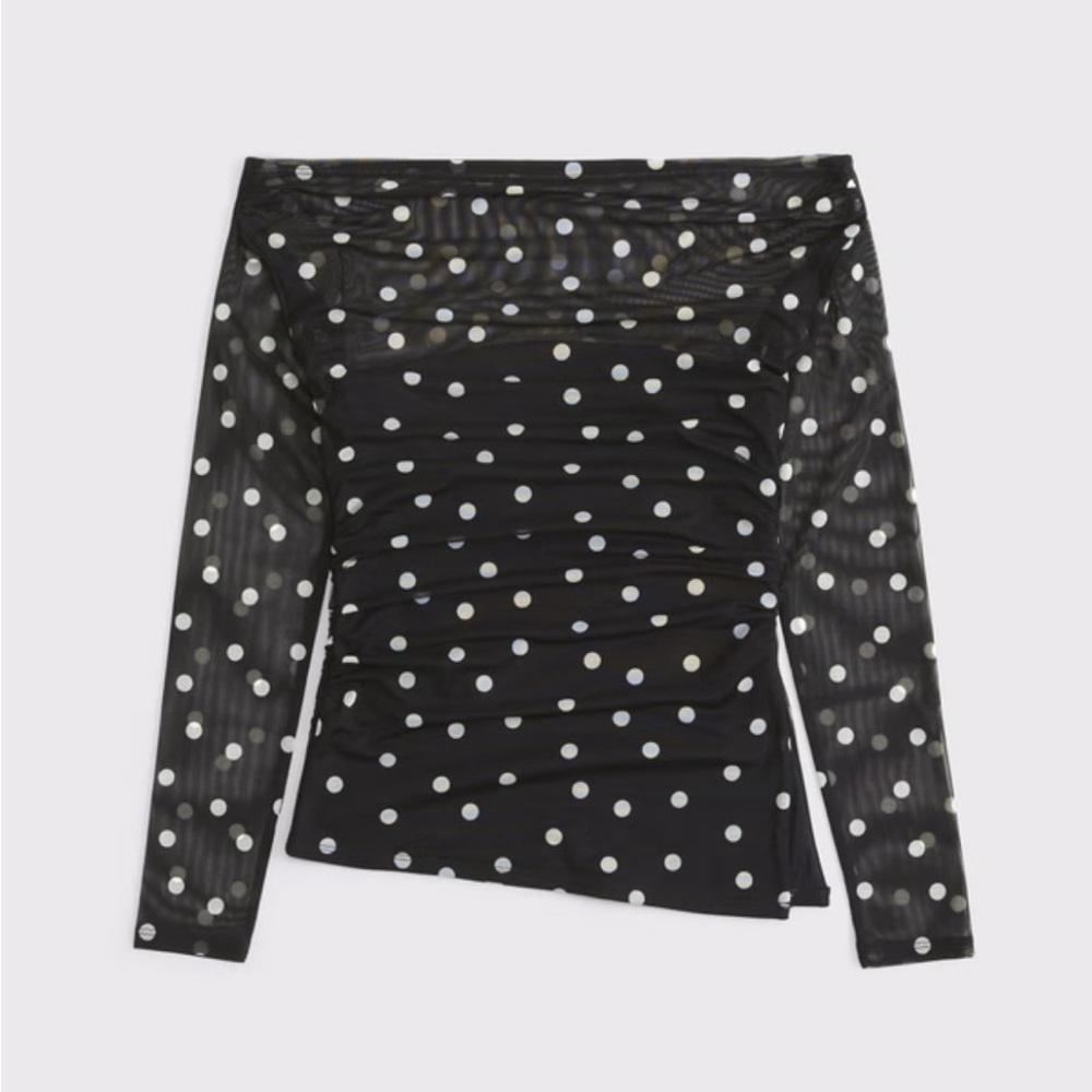 Abercrombie and Fitch Black Polka Dot Off-the-Shoulder Black Mesh Top Size l
